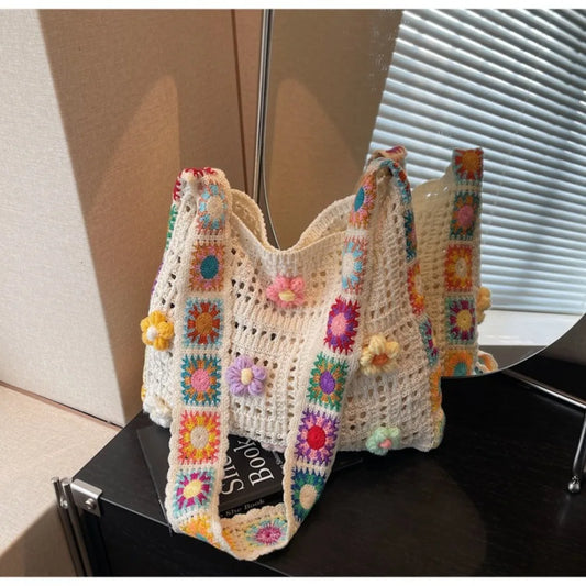 Fashion Large Capacity Women Shoulder Bag Floral Crochet Vintage Handbag Boho Hollow Out Knitted Crossbody Bags