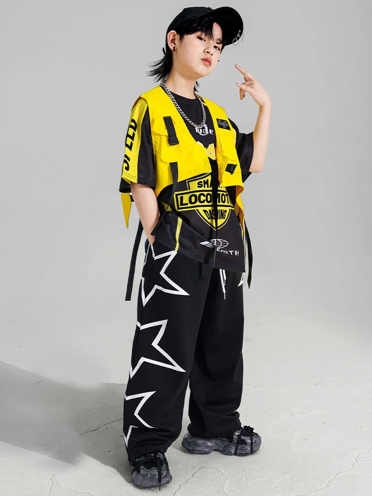 Boys Hip Hop Contrast T-shirt Yellow Vest Sweat Pants Girls Street Dance Jazz Costume Children Clothes Set Kids K-pop Streetwear