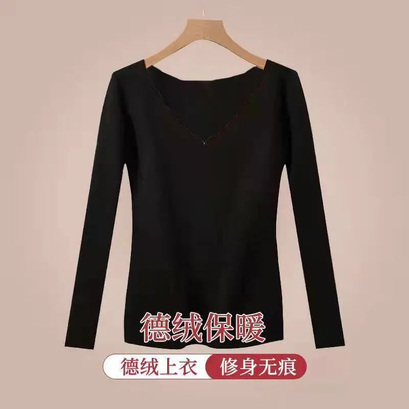 Warm Suit for Women's Autumn Clothes, Wool Base Shirt Slim Suit