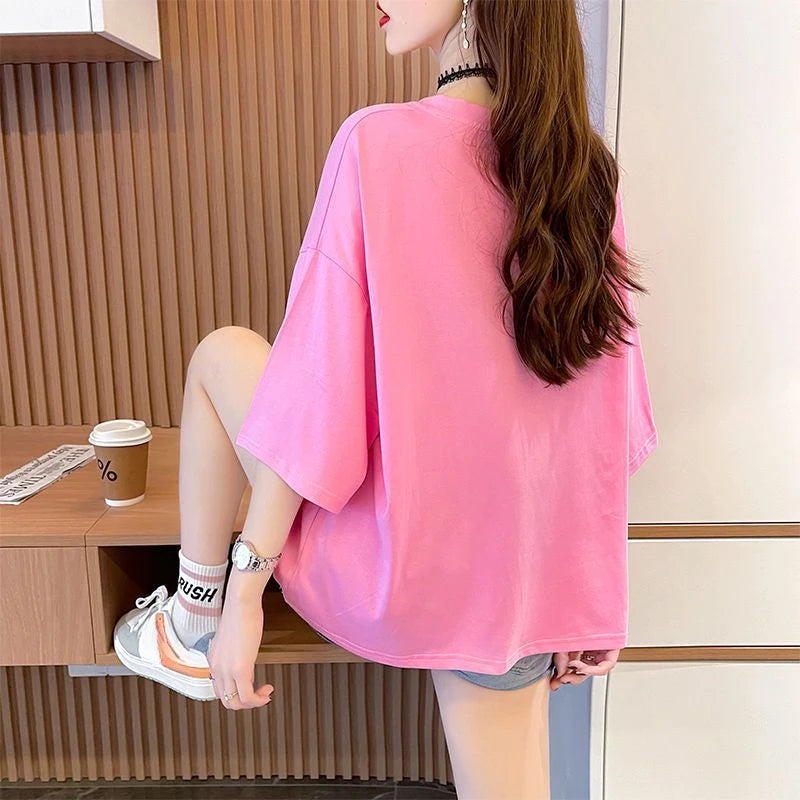 Women's T-shirt Summer Outfit Graphic Short Sleeve Cotton Top Female Baggy Trending Clothing Korean Popular Clothes Cheap Woman