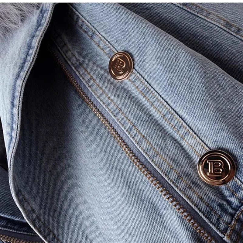 Winter Denim Jacket With Women's Fleece Warm Cowboy Coat New Detachable Imitation Fox Rabbit Fur Inner liner Short Denim Jacket