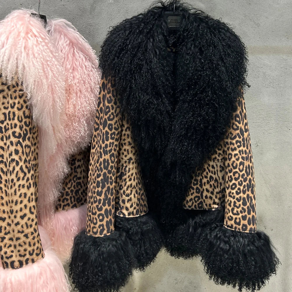 Black Suede Mongolian Sheep Fur Coat Women Fur Jacket with Long Sleeve New arrival Winter Real Fur Coat