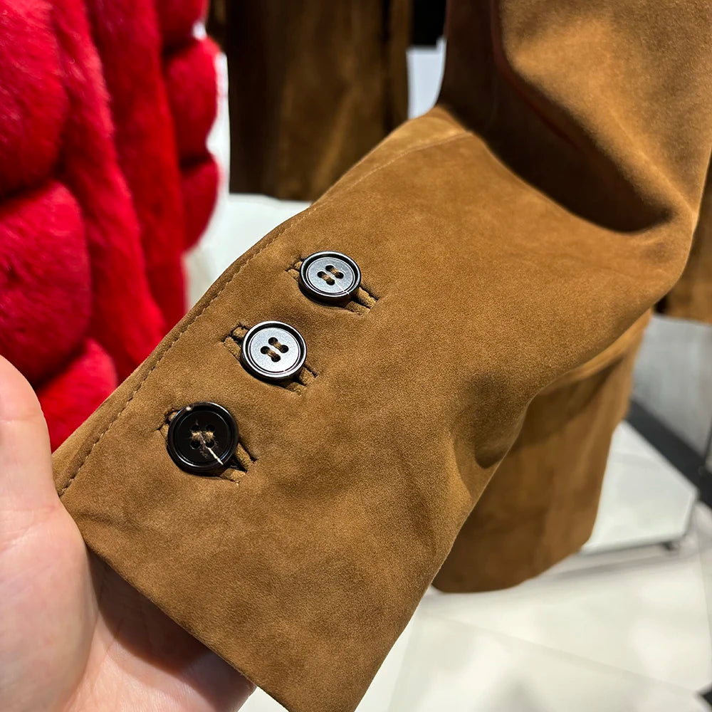 YOLOAgain Single Breasted Oversized Suede Blazer Women Real Leather Jacket Spring 2026