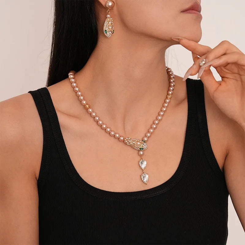 Snake Necklaces Drop Earrings Jewelry Set Luxury Rhinestone Imitation Pearl Beaded Chain Necklace for Party Wedding Bridal Gifts