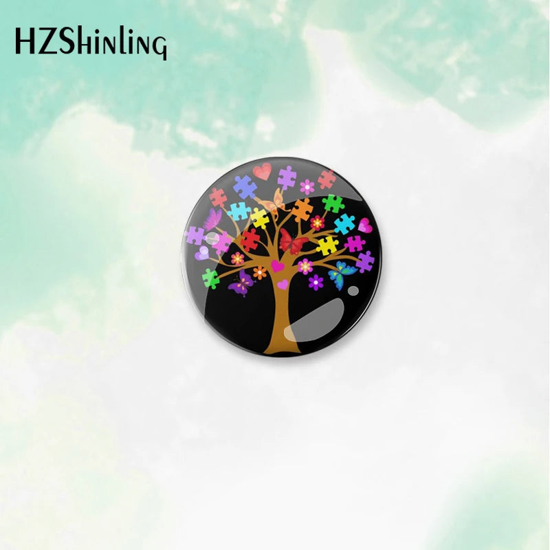 2023 New Autism Awareness Tree Love Support Pattern round Button Badge Brooch For Clothes Backpack Decoration Pin Jewelry