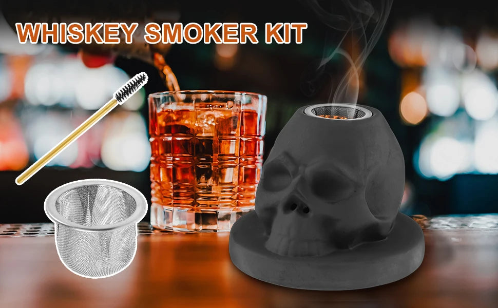 Ceramics Whiskey Smoker Kit Skull-Shaped Smoke Infuser Old Fashioned Cocktail Smoker Kit With Fruity Wood Chips Kitchen Bar Tool