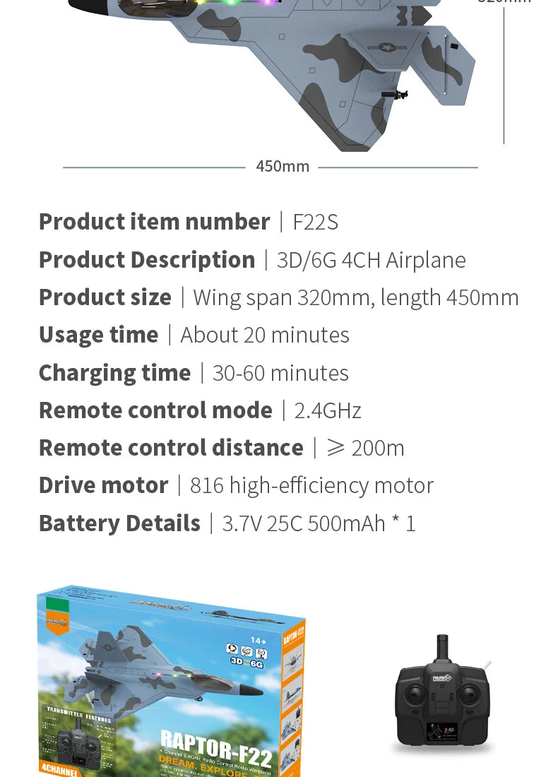 2024 New F22S 2.4G 4CH 3D6G RC Airplane Raptor F22 Warplane WLtoys A180 Upgrade Version LED Light With Gyroscope Out Door Toys