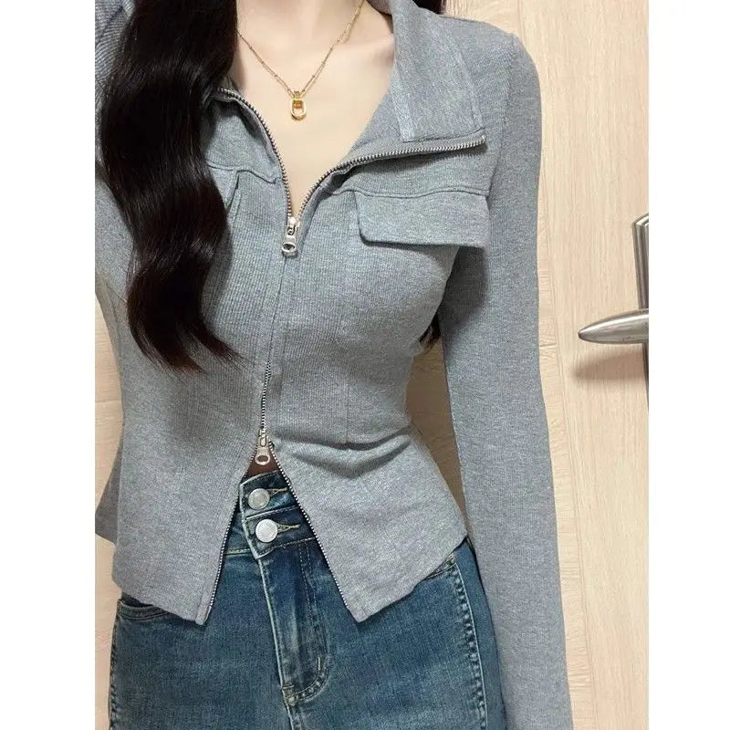 POLO Collar Bottoming Shirt for Women in Autumn Winter Slim Unique Short Long-sleeved Top