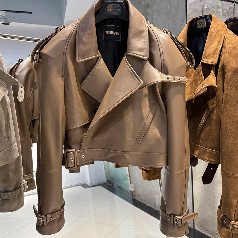 YOLOAgain Burgundy Suede Jacket Women Genuine Sheepskin Leather Jacket Coat