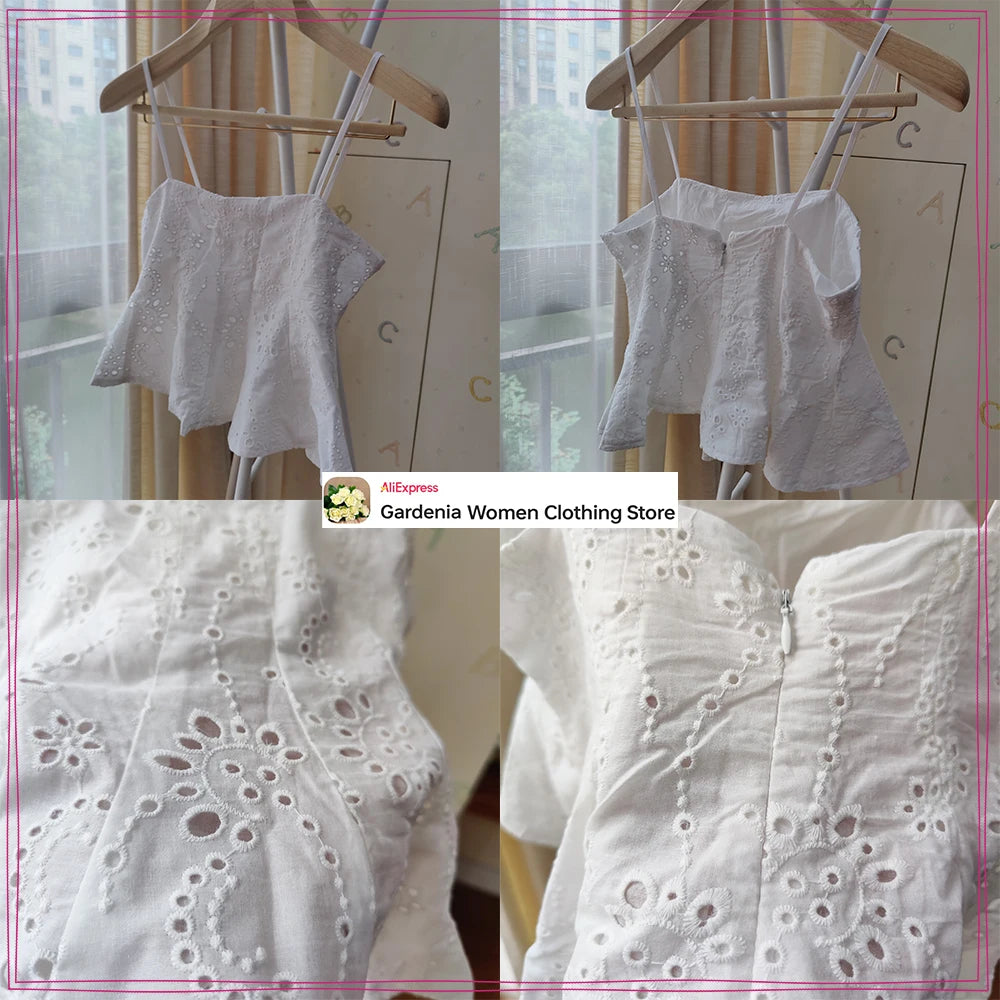 Women Summer Vacation Co Ord Outfits Elegant White Embroidered 2 Piece Set Cropped Top with Thin Straps Matching Cape Midi Skirt