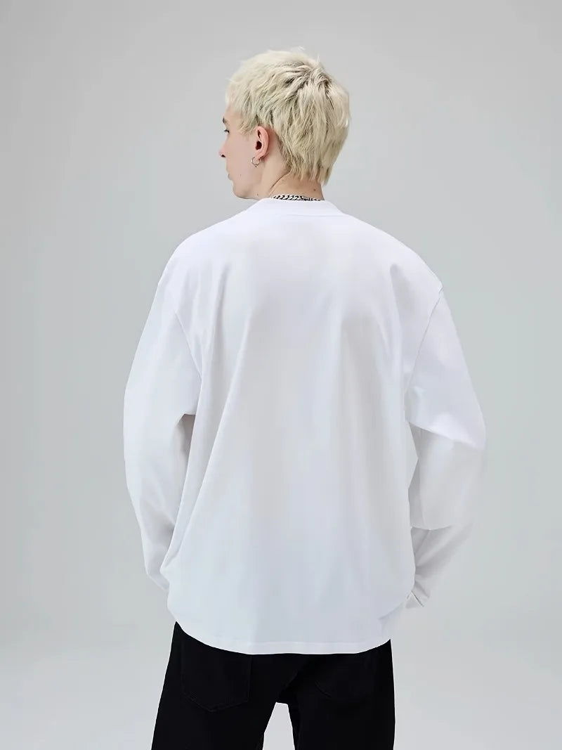 Men's 100% Pure Cotton Loose White Hoodie Round Neck Top Daily Comfortable Shirt Solid Color Loose and Versatile Casual