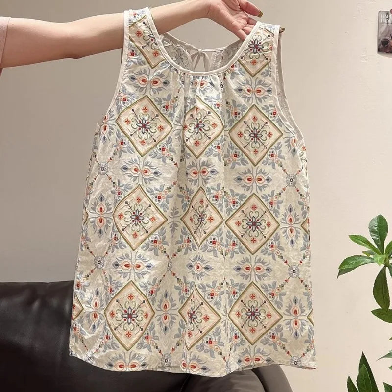 Women Clothing Summer Fashion Printing Contrasting Colors O-neck Female Trend Sexy All-match Appear Thin Sleeveless Tank Top Top