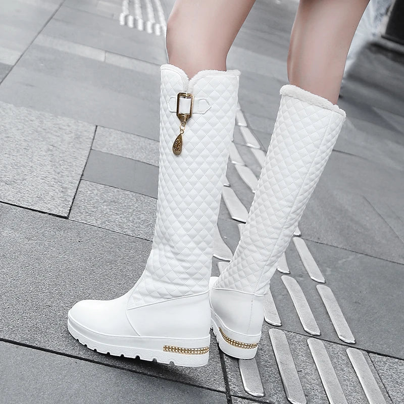Raised Checkerboard With Metal Square Buckle Warmth Plush Lining Women's Snow Boots Flat Bottoms Elevated Knee Length Boots