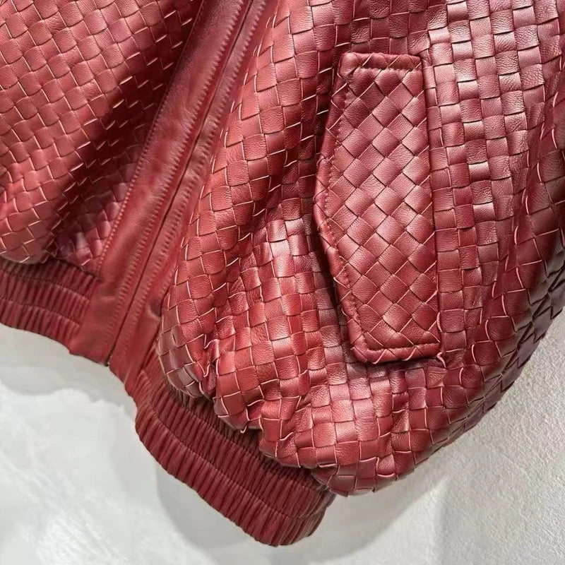 High-fashion Women Clothing 2025 New In Hand Knitting 100 % Leather Jacket Feminina Streetwear Burgundy Dropped Shoulder Coat