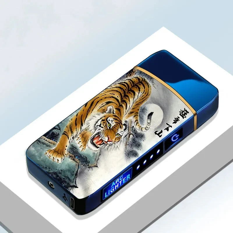 Hot Electric Windproof Metal Lighter Double Arc Plasma Flameless Rechargeable USB Lighter LED Power Display Touch Sensor Lighter