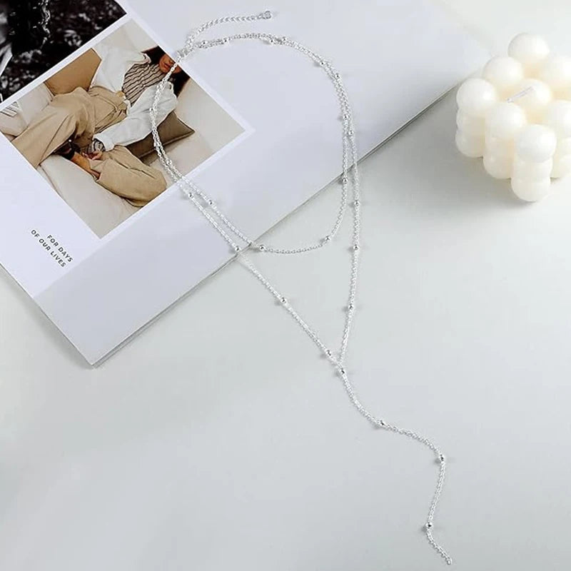 Dainty Long Necklace 14k Gold Plated Y-Shaped Pendant Necklace Trendy Layered Cz Beaded Necklaces Stainless Steel Jewelry