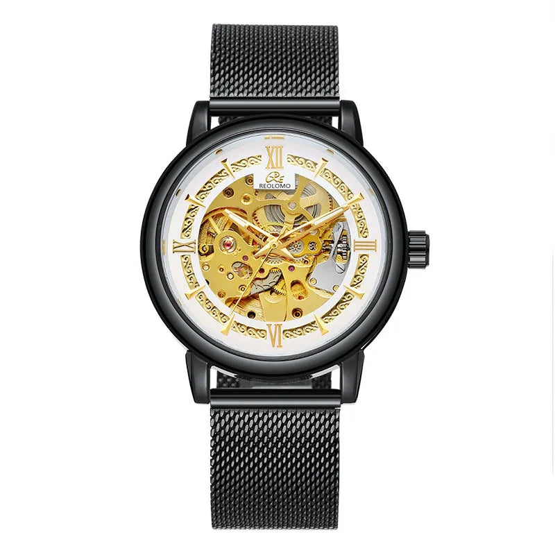 Men's automatic mechanical watch, European and American fashion hollow mechanical watch, woven mesh belt men's watch