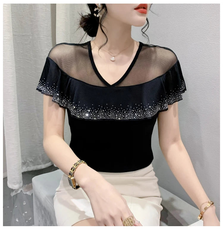 Real Photos Summer Tops Girl Patched Ruffles Mesh V Neck Short Sleeve T Shirt Women Fashion Tees Tshirts Beach Clothing