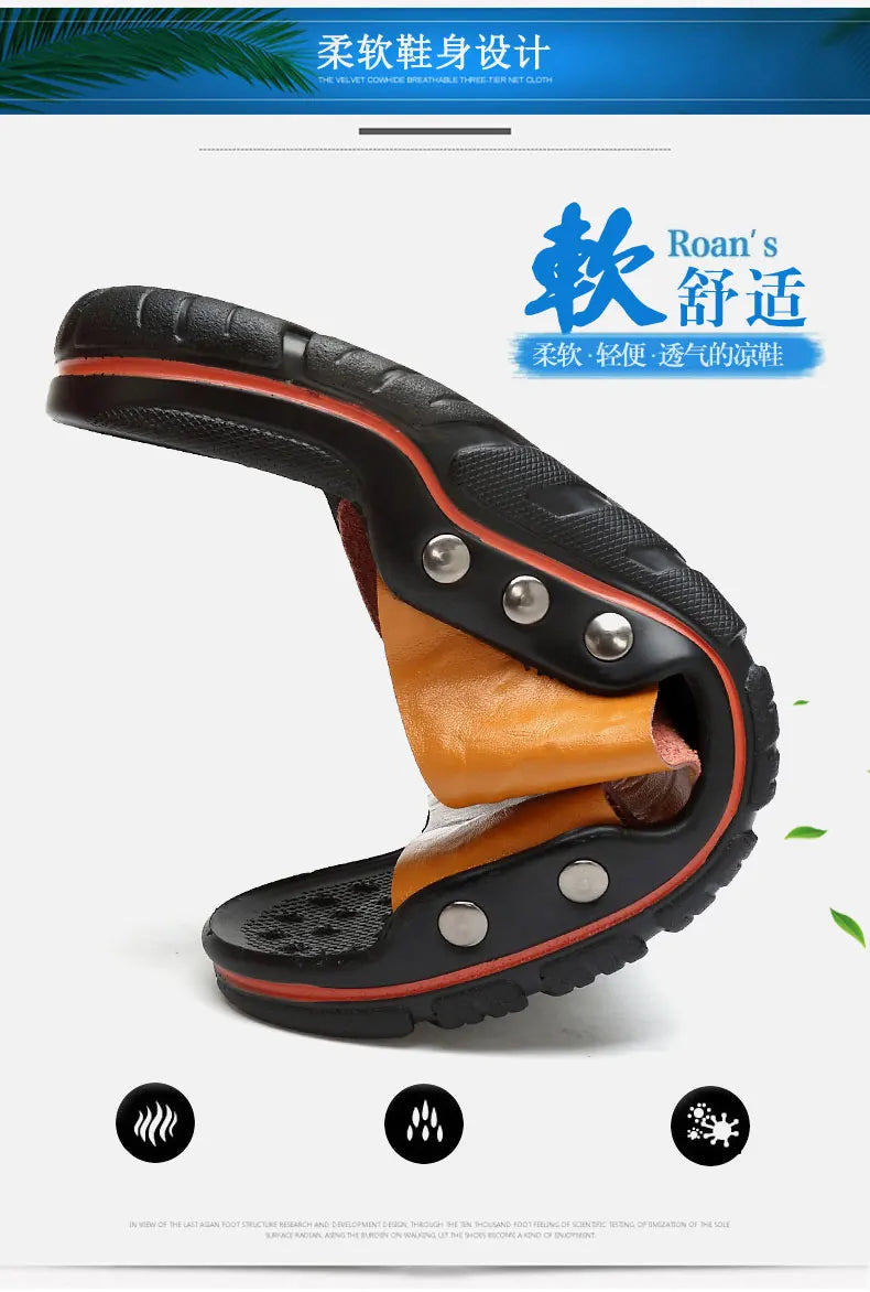 Genuine Leather Slippers for Men Casual Big Size Wear-Resistant Non-slip Fashion Flat Breathable Comfortable Shoes Summer Main