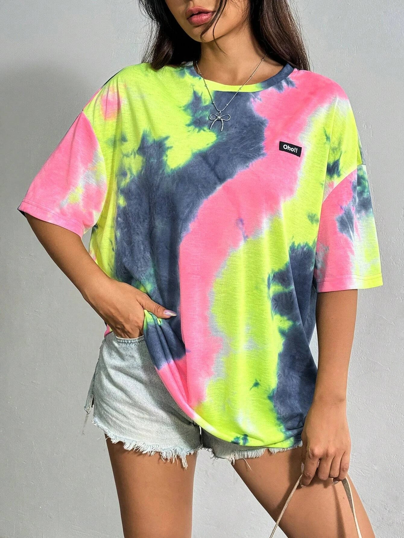 Summer Women TShirt Tie Dye Letters Drooping Shoulders Oversize Loose Short Sleeve Harajuku Y2k Casual Streetwear Women Clothing