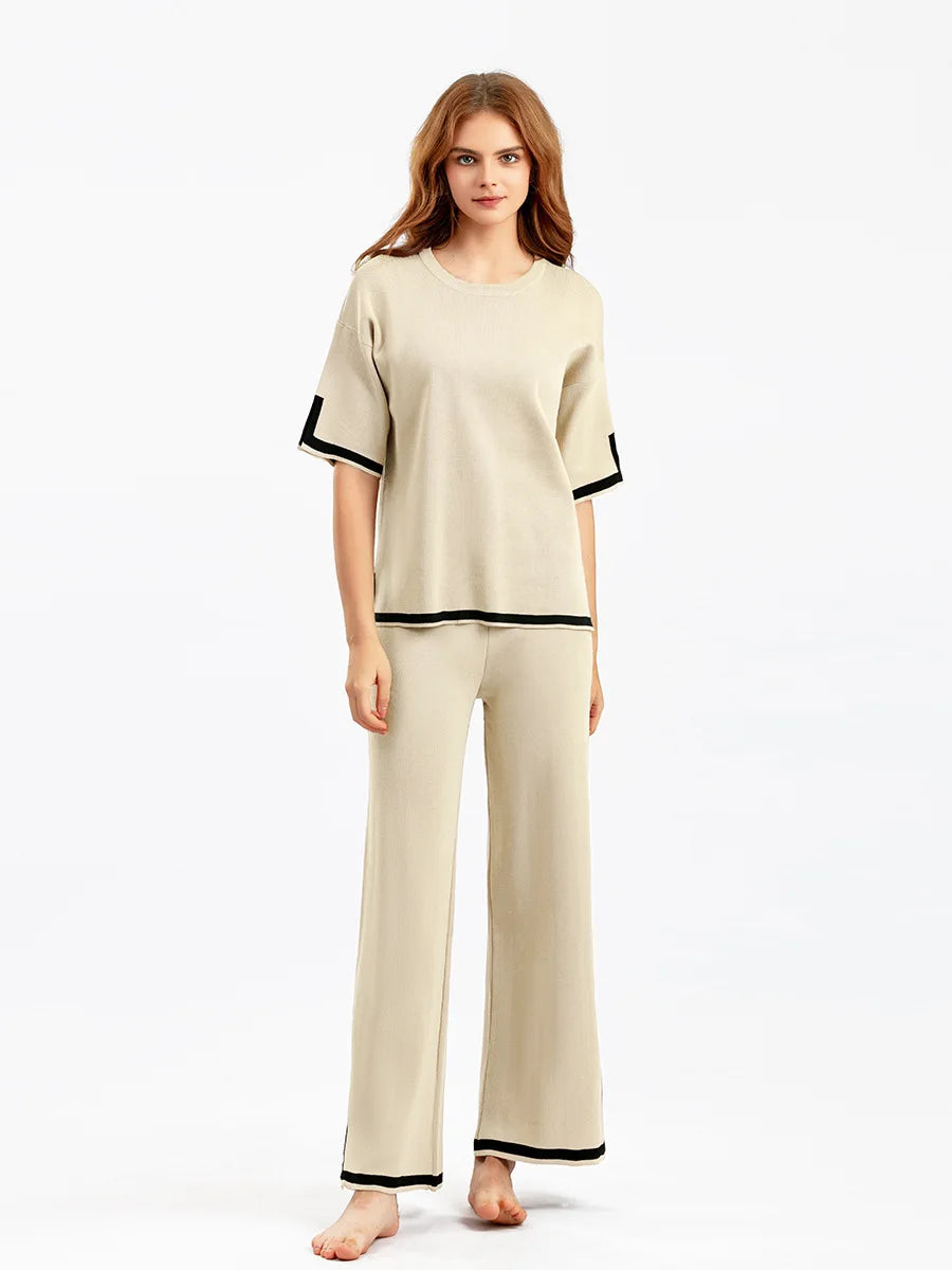 Pants Set Women Two Piece Sets Short Sleeve Spring Knit Tops Loose Casual Wide Leg Long Pants High Waist Y2k Streetwear Spring