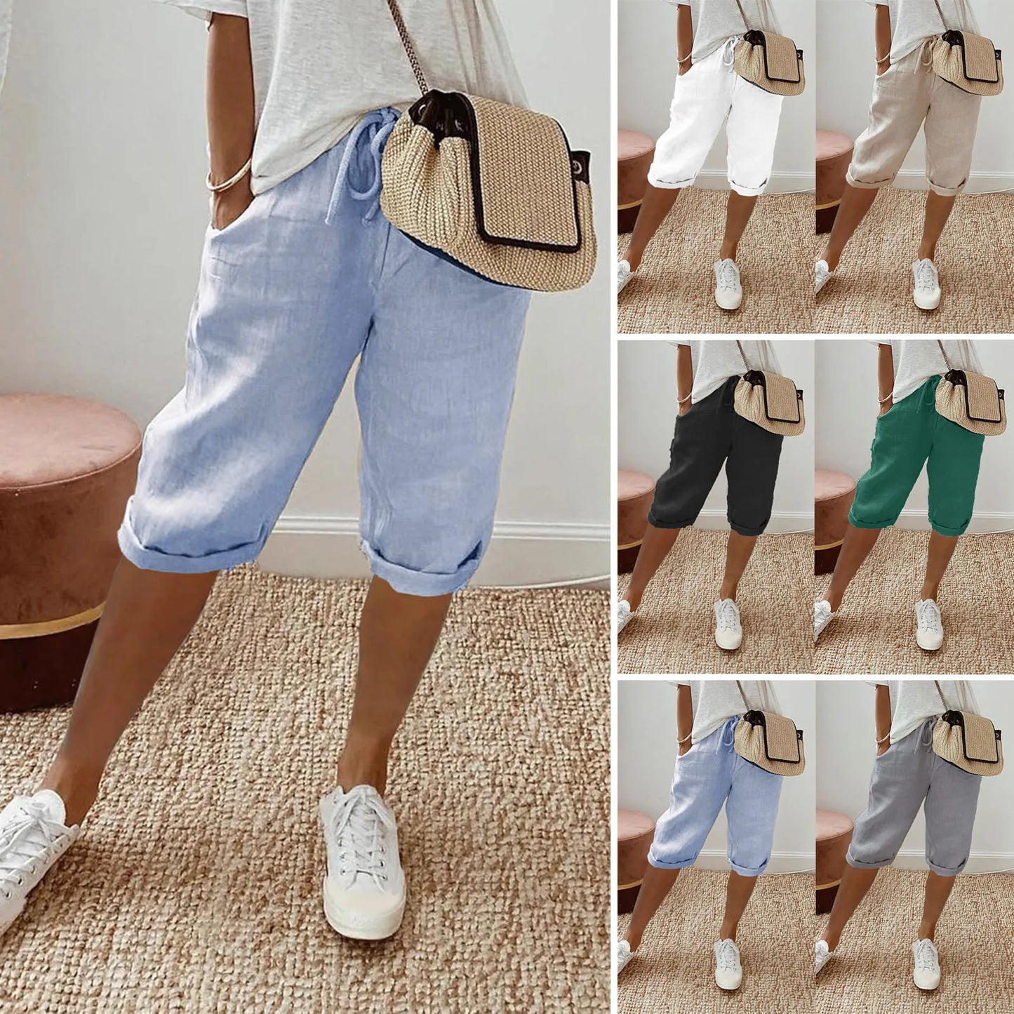 Spring Summer Women's Cotton Linen Trousers Pants Solid Elastic Waist Oversized Pants Women Straight White Homewear Trousers 3XL