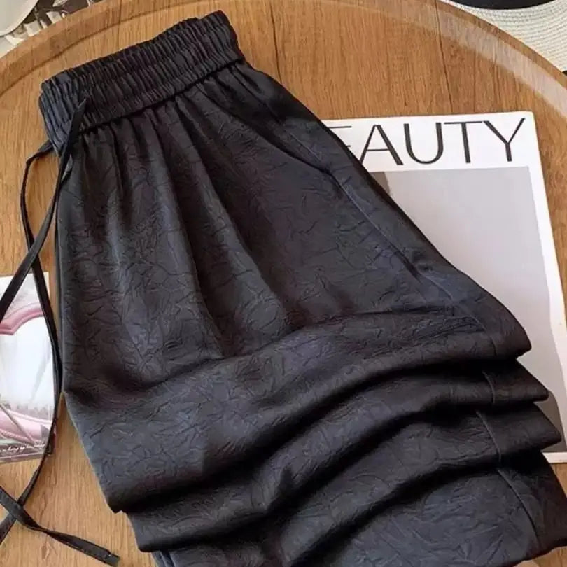 plus Size Satin Ice Silk Wide Leg Pants Women's Summer Thin Cool Casual Straight Leg Trousers Comfortable Loose Fit Long Pants