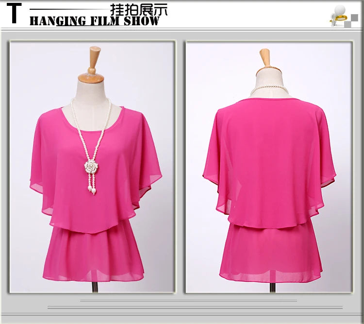2025 Women Summer Tops Blouse Fashion Elegant Ruffle Batwing Sleeves Chiffon Shirt Loose Casual Clothing blusas mujer de moda