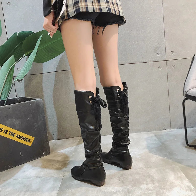 Shoes for Women 2023 Spring Knee High Boots Red Black White Tall Boots Woman Pleated Low Heel Casual Leather Female Long Shoes