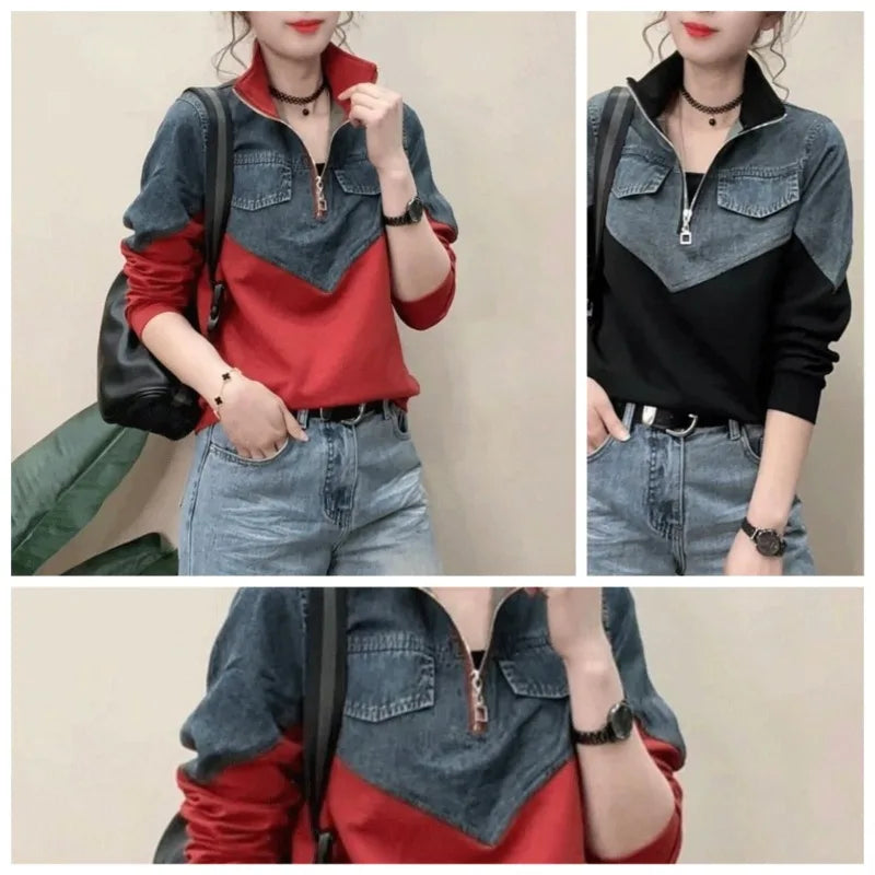 Women's Spring New Casual Half Zipper Denim Splicing Korean Version Loose Everything Shirt Contrast Color Stand Collar T-Shirts
