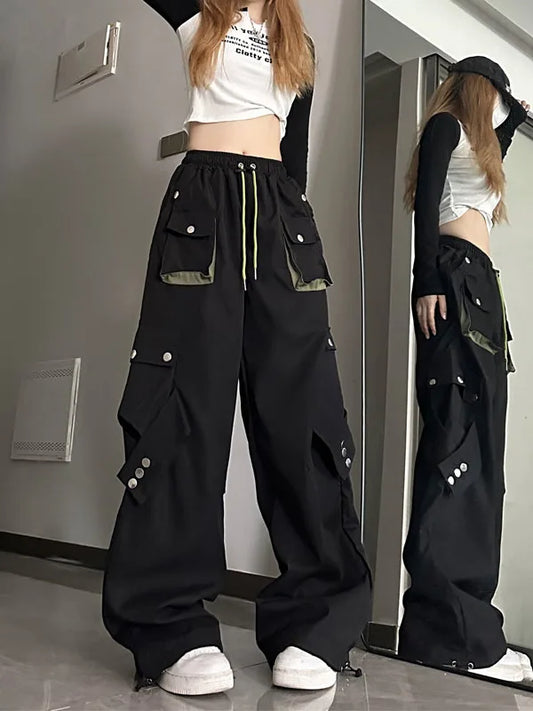 American High Street Workwear Casual Pants Women Loose Color Block Straight Leg Long Pants Pocket High Waist Wide Leg Trousers