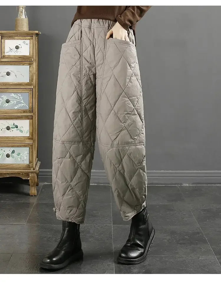 Vintage Quilted Pants Women Winter Warm Trouser Cotton-padded Pants Casual Design Pockets Elastic Waist Korean Chic Black Pants