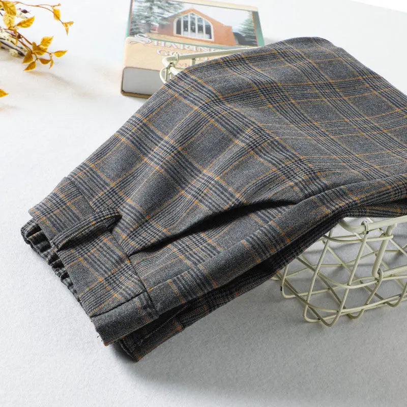 Office Lady Slim Woman Clothing Plaid Suits Pants Spring Autumn New Korean Fashion Vintage High Waist Straight Casual Trousers