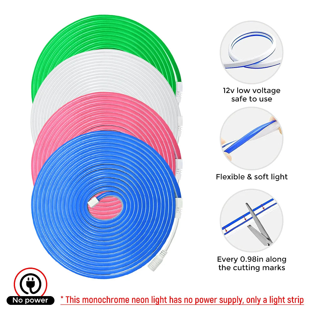 LED Neon Lights,  12V 5M Flexible，Neon Rope Light,  Waterproof Flex DIY Cuttable LED Light Strip for Indoor Outdoor Decoration