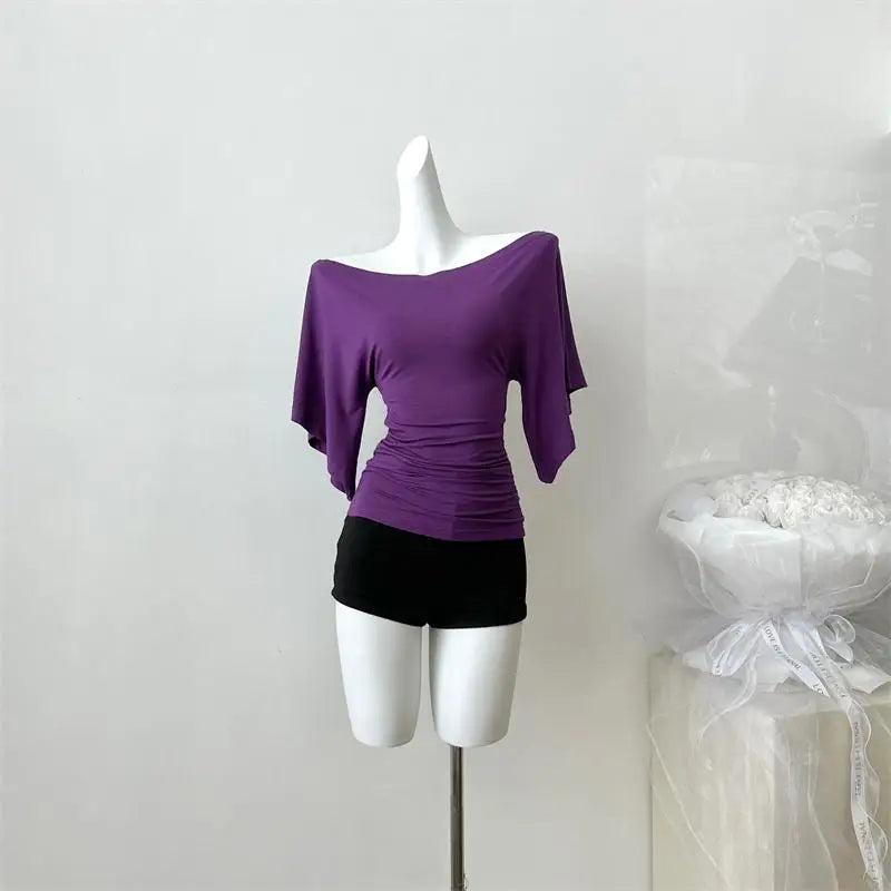 Women's Summer High Stretch Slash Neck Flare Sleeve Slim T Shirt Lady Sexy Pleated Slim Solid Color Pullover Tee Top