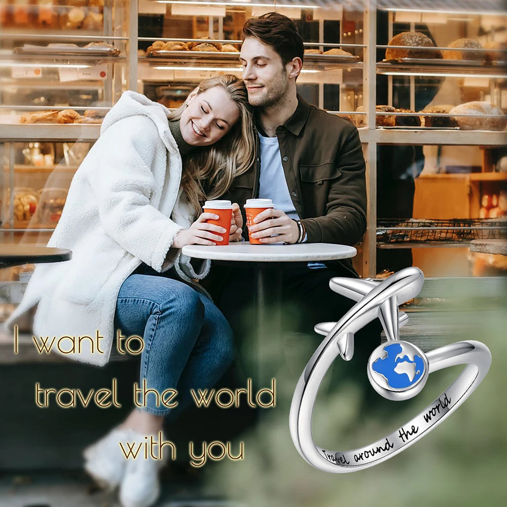 925-Sterling-Silver Adjustable Open Airplane Rings Engraved "Travel Around the Word"Engagement Ring Gifts for Women Teen Girls