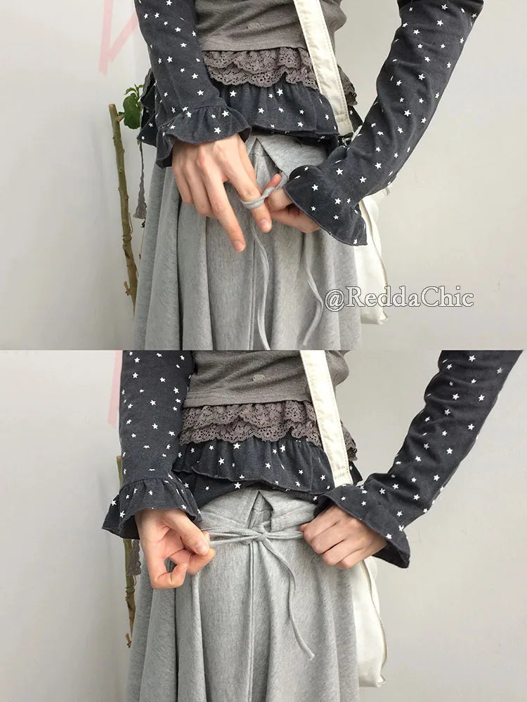 REDDACHiC Lounge Wrap Sweat Pants Gray Trendy Elastic Waist Ruffle Skirt Overlay Wide Leg Trousers New In Korean Woman Clothing