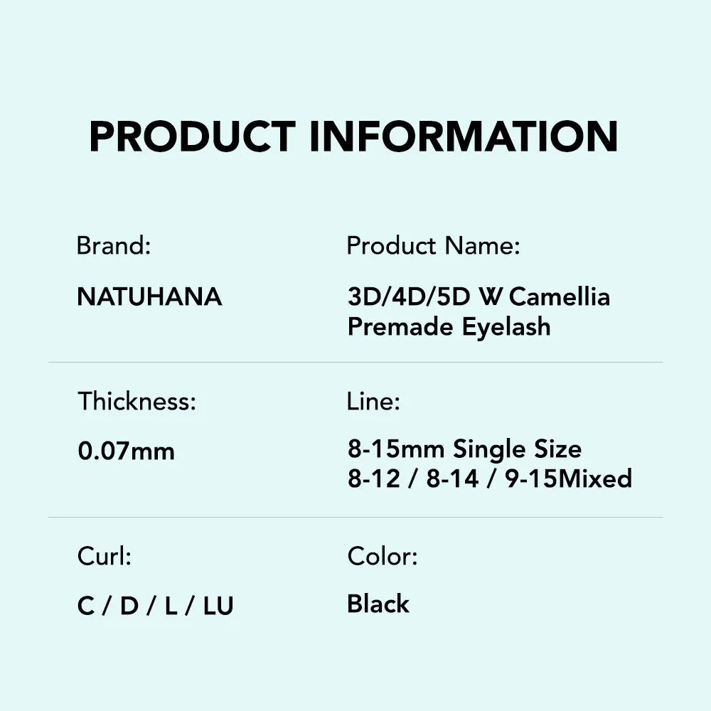 NATUHANA Camellia 3D/4D/5D W-Shape Lashes C/D/L/LU Curl Premade Fan Eyelashes Extension Soft Lightweight Eyelash For Wholesale