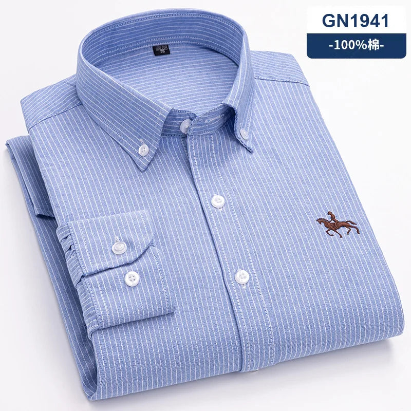 S-6XL Casual Pure Cotton Oxford Mens Shirts Long Sleeve Embroidery Horse Design Regular Fit Fashion Button Man White Dress Shirt