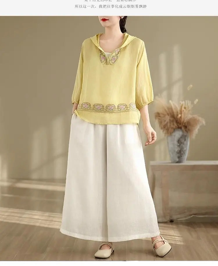 Summer New Embroidered T-shirt Casual Versatile Seven Sleeve Temperament Hoodie Lightweight Hoodie Top for Women