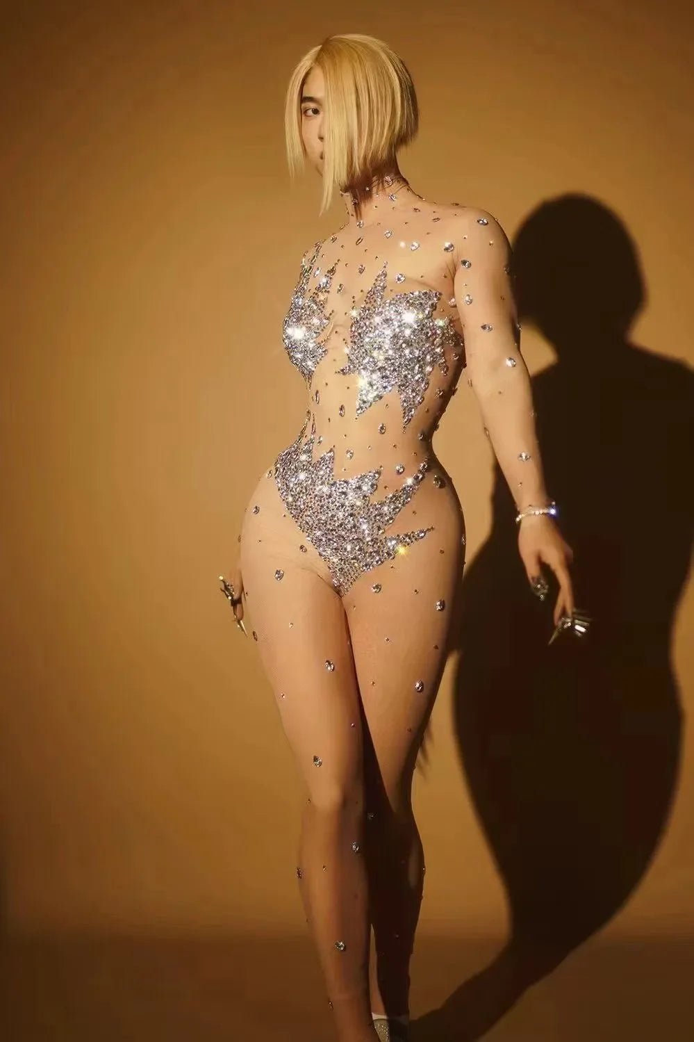 Sparkly Diamonds Halloween Jumpsuit Women Performance Dancer Costume Mesh Stretch Rompers Party Celebrate Outfit Stage Club Wear