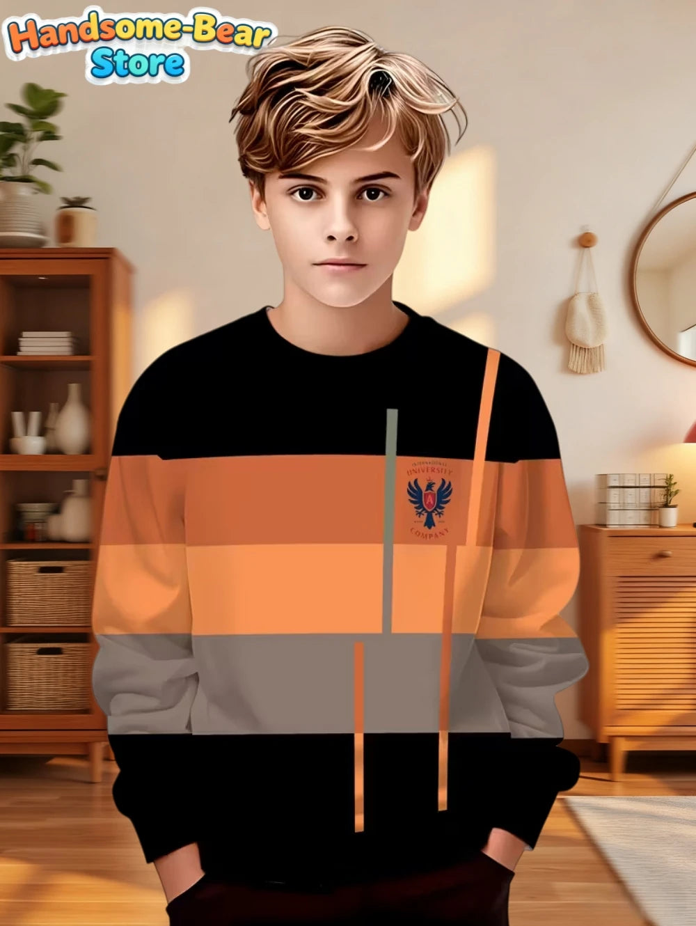 Autumn Classic Boys Sweatshirt Outdoor Round Neck Long Sleeves Top Stripe 3D Print Loose Hoodies Streetwear Children's Clothing