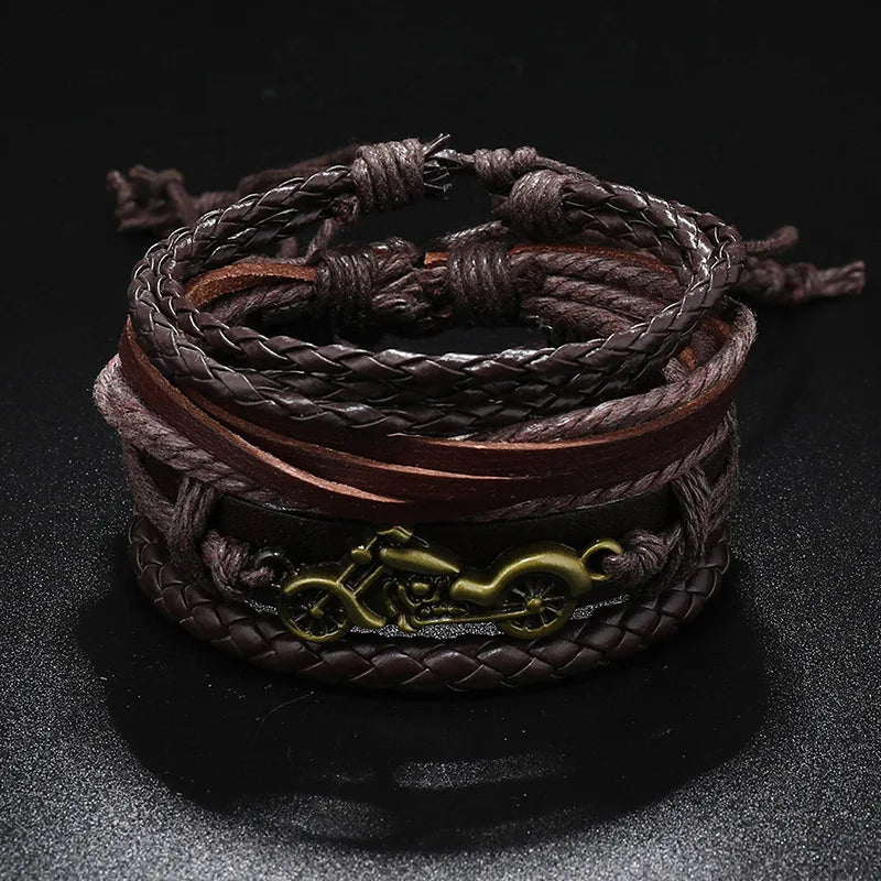 Fashion Bracelet For Men Hand Bangles Woven Alloy Motorcycle Hand Jewelry Adjustable Leather 4Pcs/Set Bracelet For Leather