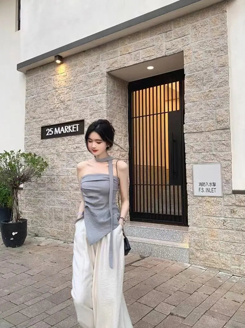 Women's Summer 2025 Off-Shoulder Bustier Top with Asymmetric Design for Commuting and Stylish Outfits