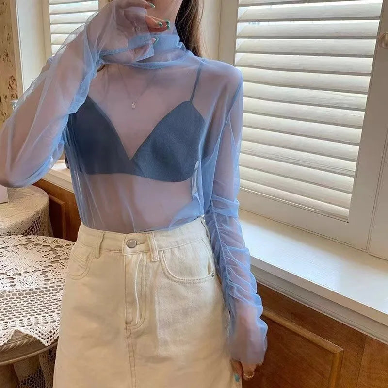 Summer Women T Shirts Hollow Out Fishnet Bottoming Shirt Korean Fashion Long Sleeve Mesh Tops Green White Top Tees Women Clothes