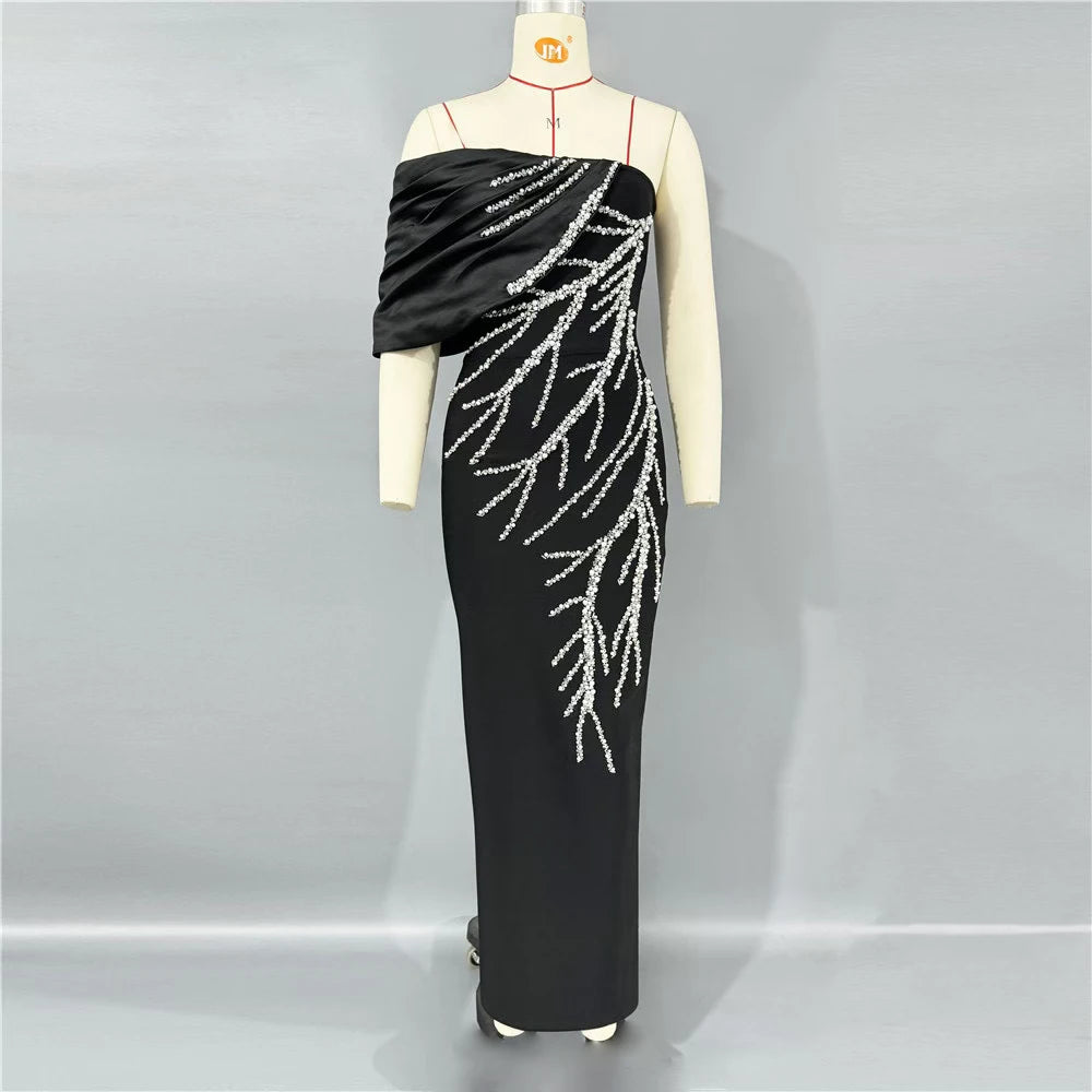 Black Dresses Woman Elegant One Shoulder Shining Rhinestones Bodycon Red Bandage Long Dresses Party Cocktail Dress Evening Dress