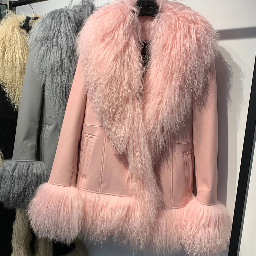 Sheep Collar Coats Women Winter Luxury Mongolian Fur Leather Jackets with Long Sleeve 7251