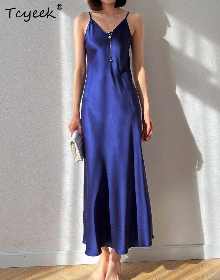 Tcyeek 100% Natural Mulberry Silk Long Dress 21MM Real Silk Summer Dresses for Women 2026 Elegant Dresses Womens Clothing Платье