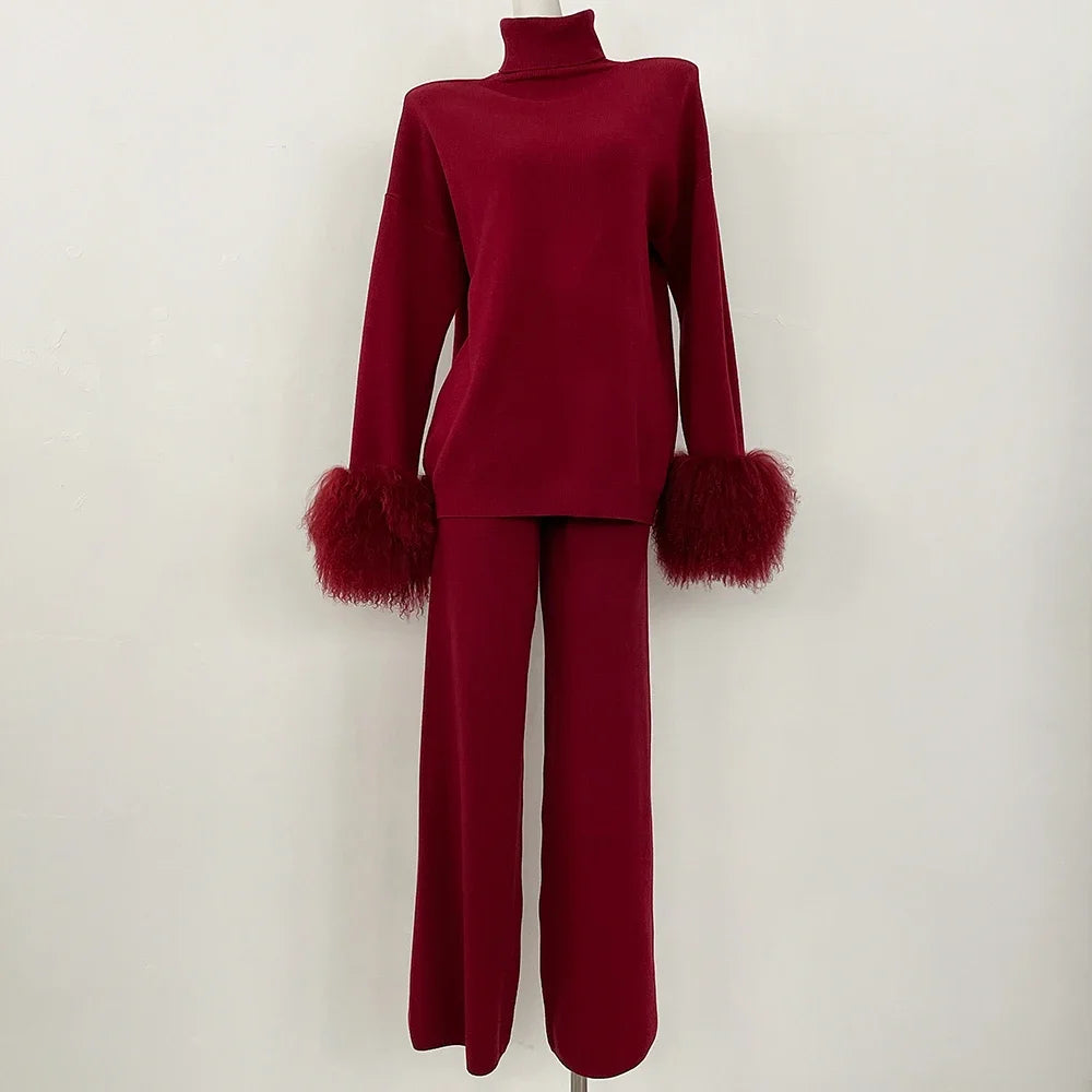 Knitwear Woman Wool & Blend Knitted Pullover and Pants Real Mongolian Sheep Fur Cuffs Sweater Set Real Fur Knitted Suit 2026 New