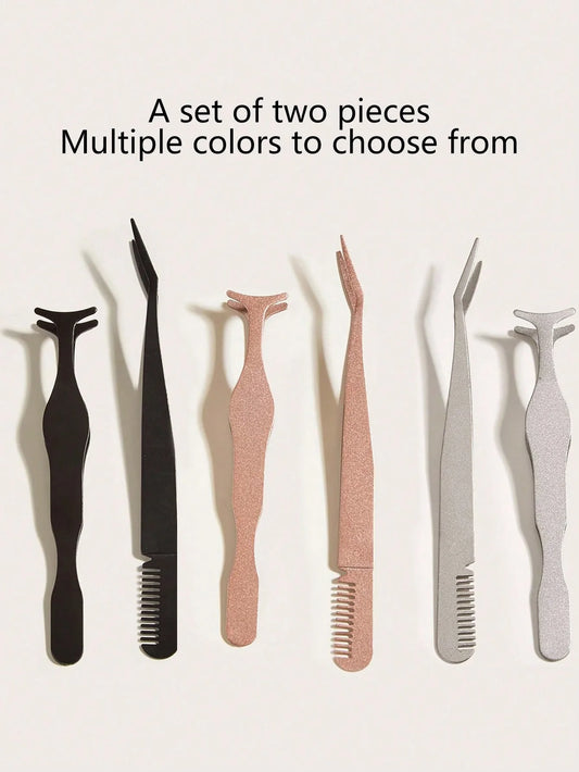 1 Set of 2 Pieces with Comb, Eyelash Curler, Angled Fine-Tipped Tweezers, False Eyelash Applicator, Eyelash Grafting Tool, Multifunctional Partial False Eyelash Applicator